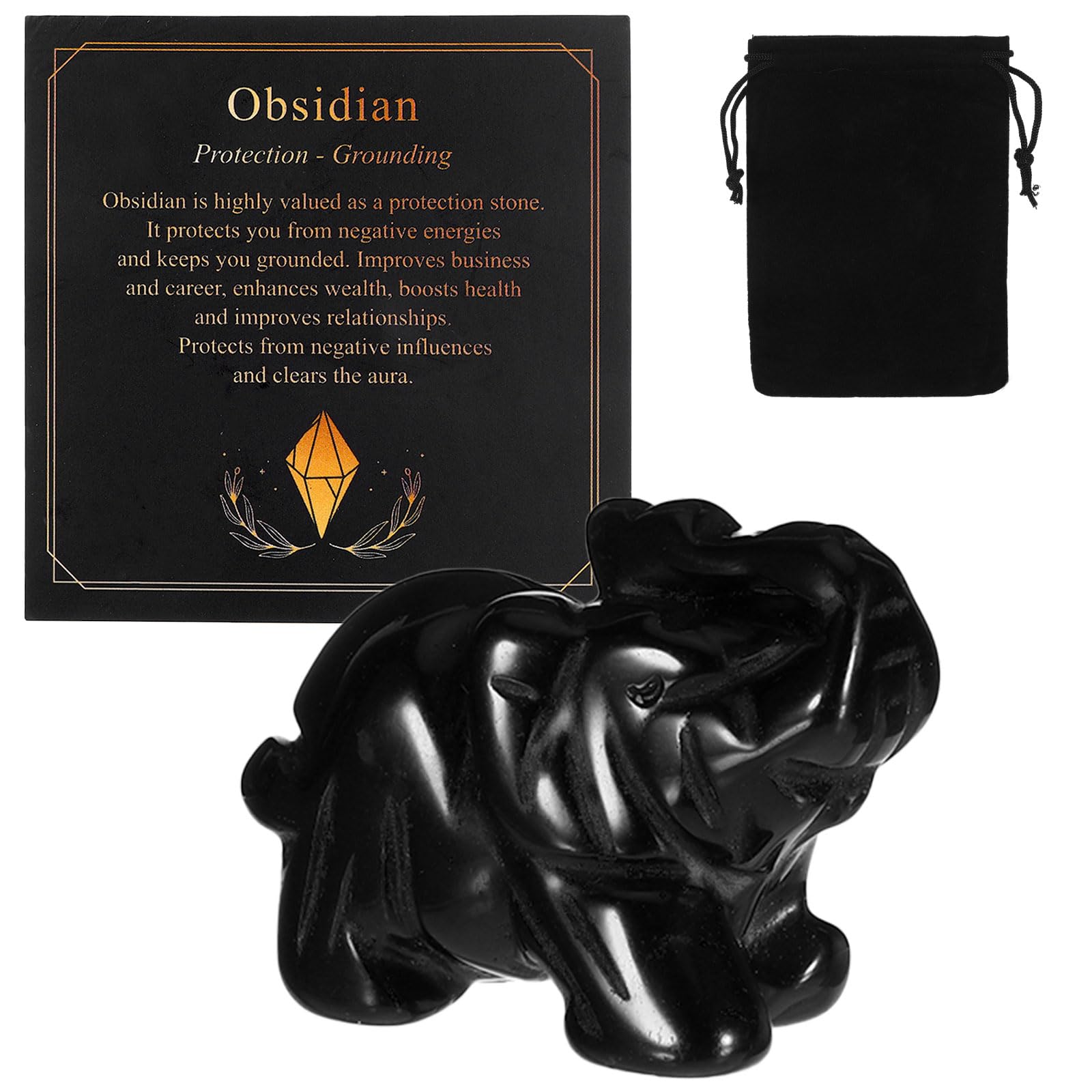 Chanumetal Black Elephant Obsidian Crystal Gifts, Cute Garden Ornaments for Desktop Decorations, Crystal Elephant Gifts for Women/Man Christmas Birthday and Valentine's Day (Black)