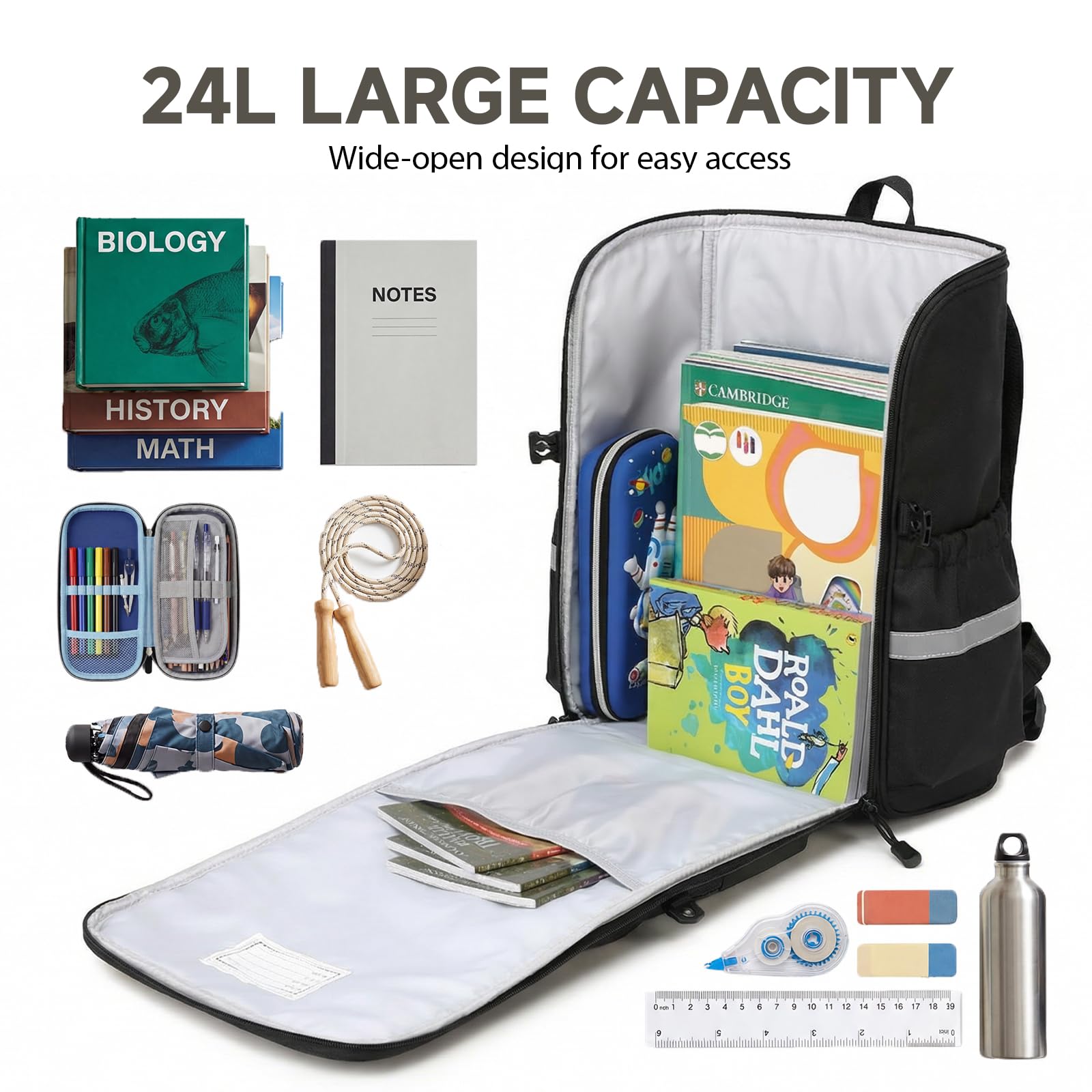 Amythe Zaino Scuola Ragazzi Classi da 1 a 6 Ergonomico Riflettente, Nero | Impermeabile Cinturino Pettorale Leggero Traspirante Nero Daypack Multitasche Capiente Resistente per Scuola Viaggio