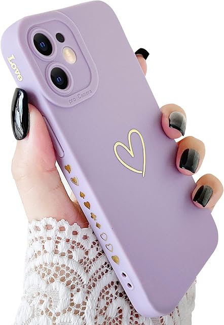 SmoBea Compatible with iPhone 12 Mini Case, Cute Gold Heart Pattern Phone Case for Women Girls With Side Small Love Pattern Silicone Protective Shockproof Phone Case (purple)