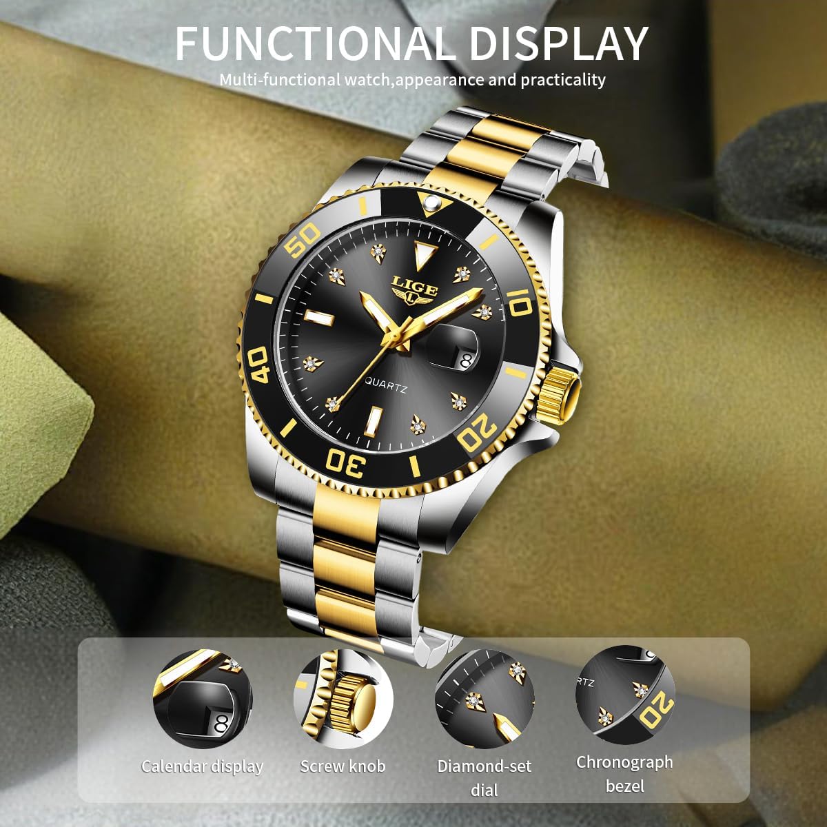 Quartz Watches for Men,Luxury Big Face Diamond Accented Analog Watch,Stainless Steel Waterproof Mens Watches,Date Luminous Business Dress Watch for Men