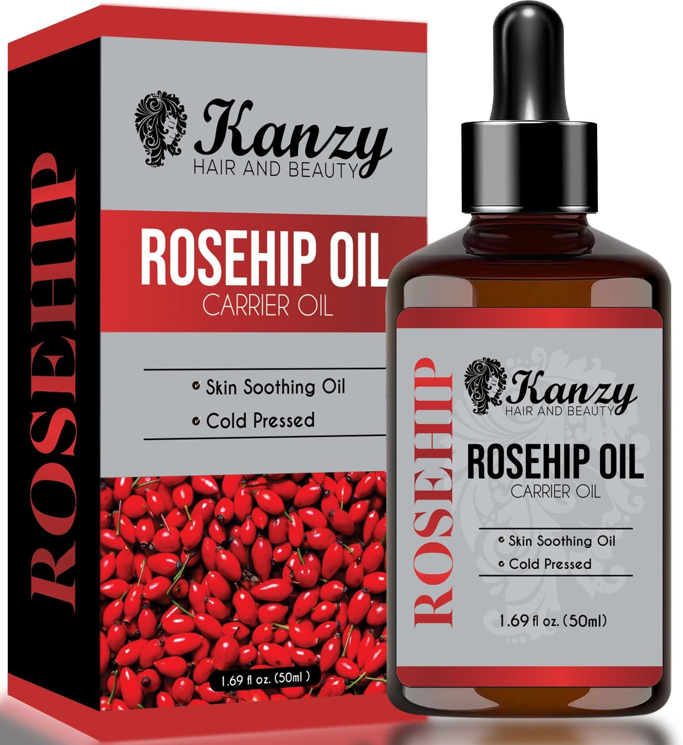 Kanzy Rosehip Oil for Face 50ml Rosehip Oil Cold Pressed Rose Hip Oil for Face 100% Pure Vegan Cruelty Free for Skin, Hair, Nails, and Body for Nourishment, Dryness, Fine lines and Scars