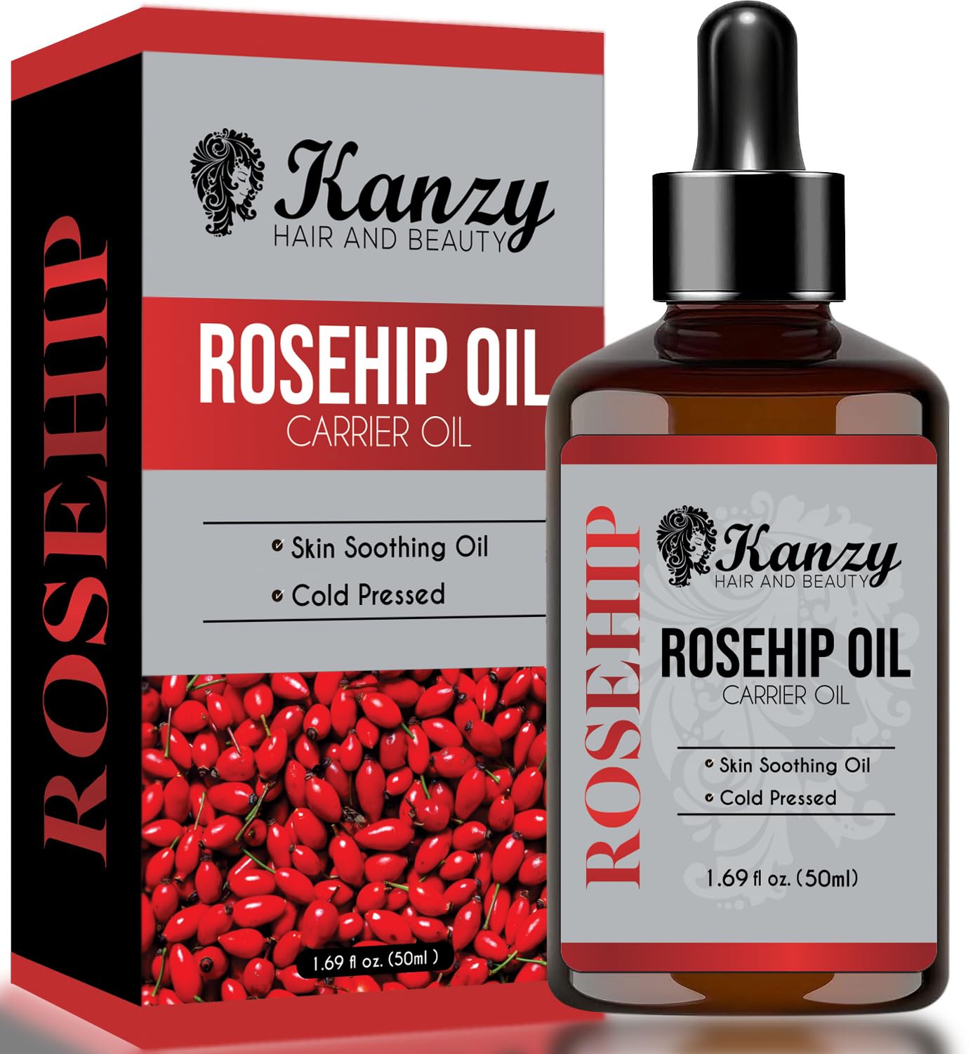 Kanzy Rosehip Oil for Face 50ml Rosehip Oil Cold Pressed Rose Hip Oil for Face 100% Pure Vegan Cruelty Free for Skin, Hair, Nails, and Body for Nourishment, Dryness, Fine lines and Scars