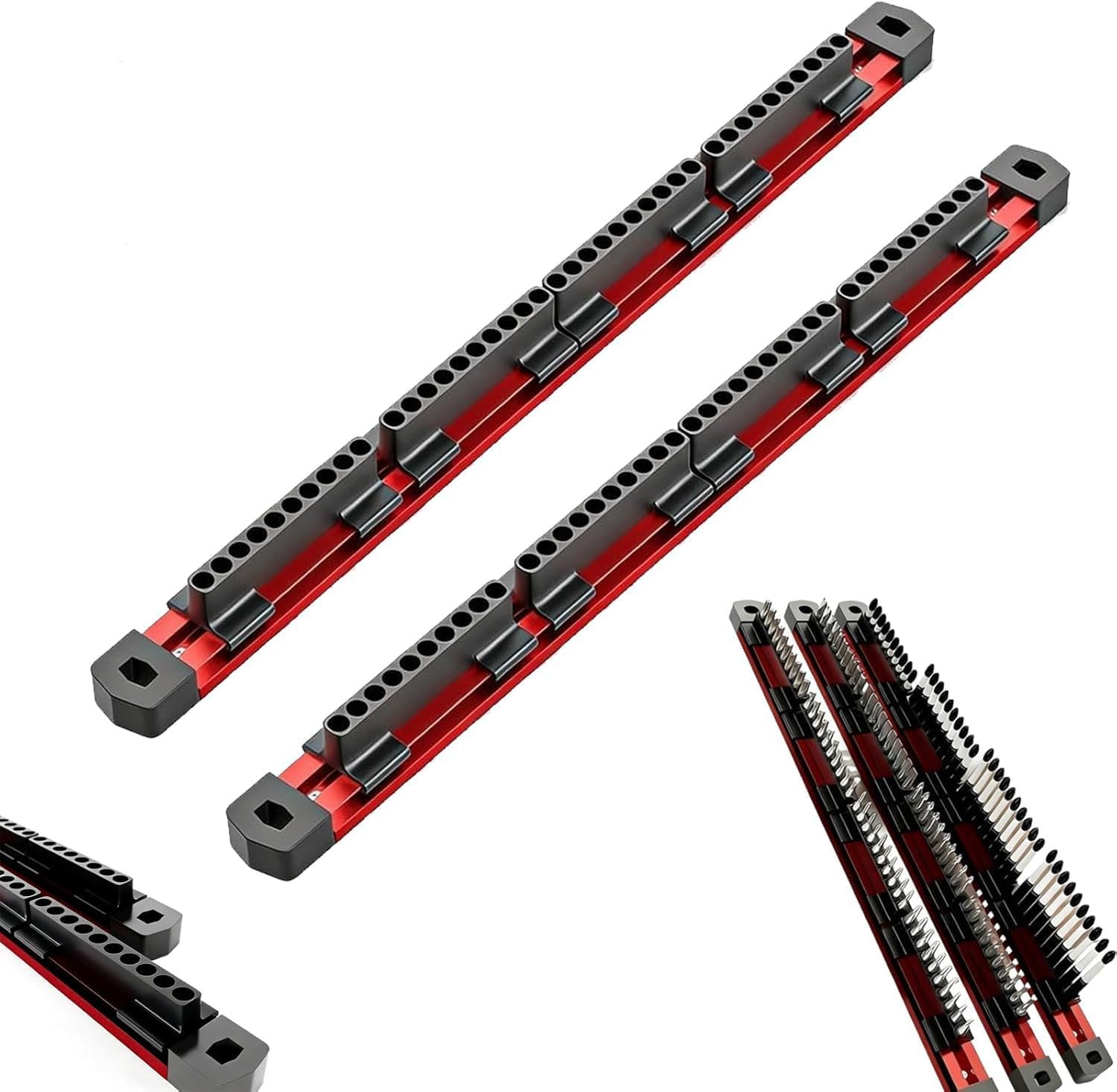 HUHAO Pro-Series Aluminum Magnetic Hex Bit Organizer Sliding Rail Holder,40-Slot 1/4" Drive Holder,Organizer Sliding Rail Heavy Duty Holder,High Strength Magnetic Secure Grip, Storage Fast Access,3pc