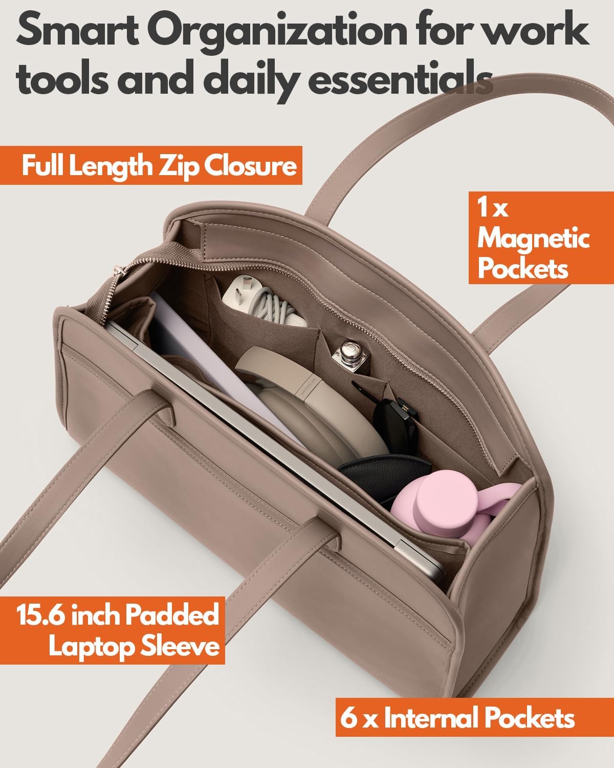 Work Tote Bags for Women 15.6 Inch - Laptop Tote Bag with Zip Compartments - Briefcase for Women Professional for Computer - Large PU Leather Office Purse - Taupe - Image 4