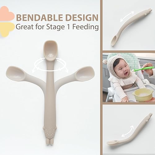 Miniatura 4 de Cucharas de silicona para alimentación para bebés, primera etapa, utensilios flexibles para el destete de bebés y padres y bebés, autoalimentación y