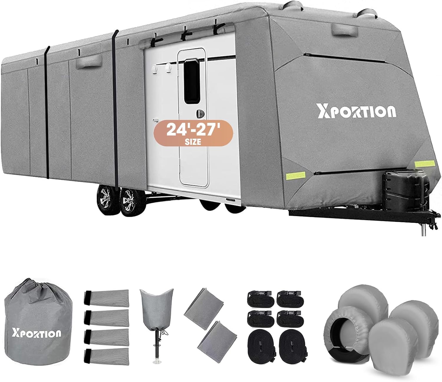 XPORTIONTraveling Trailer Cover,Camper Cover,RV Cover Fits24-27',Traveling Trailer Cover Waterproof UV Resistant Waterproof Windproof with Gutter Jack Cover