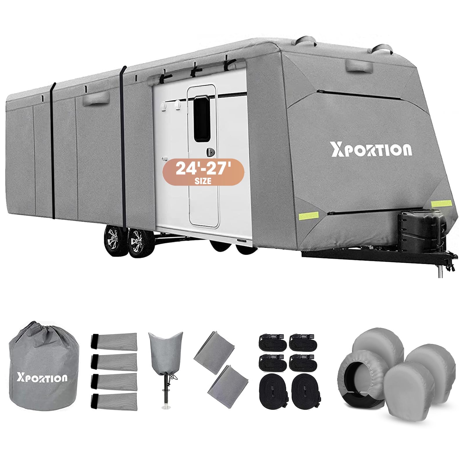 XPORTION Camper Cover,RV Cover,Travel Trailer Cover Waterproof UV Resistant Waterproof Windproof RV Cover Fits24-27' with Gutter Jack Cover