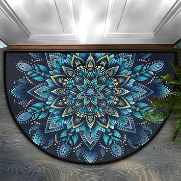 Half Round Doormat Non-Slip Washable Blue Turquoise Mandala Flower Semi Circle Rug Soft Absorbent Half Moon Mat for Indoor Outdoor Entrance Kitchen Bathroom Sink Patio Welcome Fireplace Floor Rug
