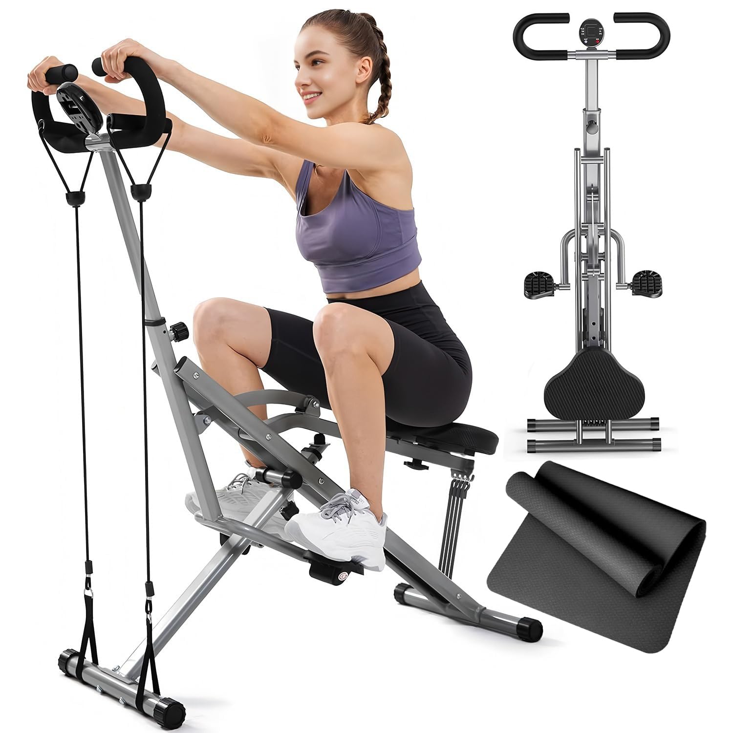 Rudergerät für Heim-Fitnessstudio – 2-in-1 faltbares Trainingsgerät mit verstellbaren Widerstandsbändern für Arm-, Gesäß- und Beintraining