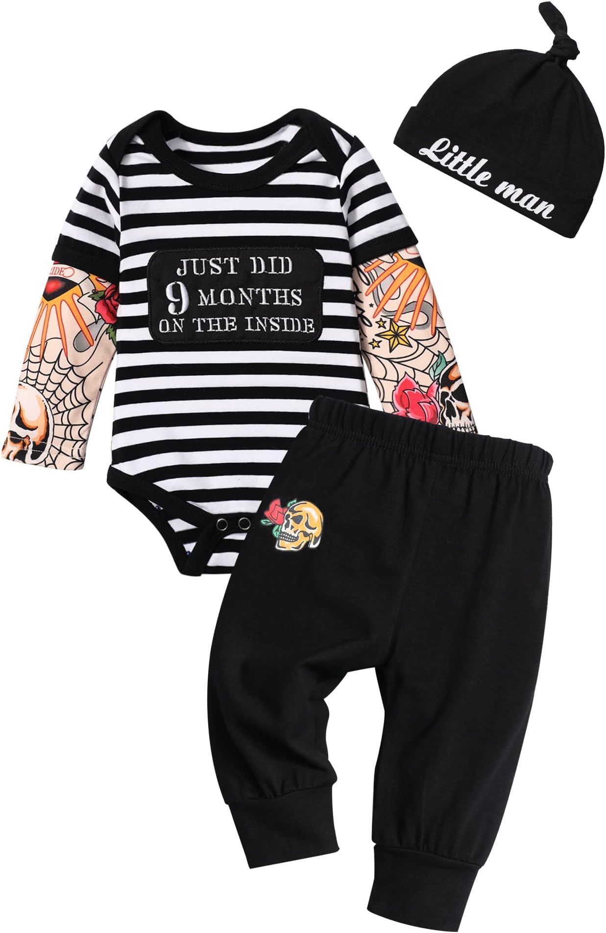 Baby Boy Clothes Tattoo Sleeve Funny Romper Bodysuit+Pants 3PCS Infant Outfits Set