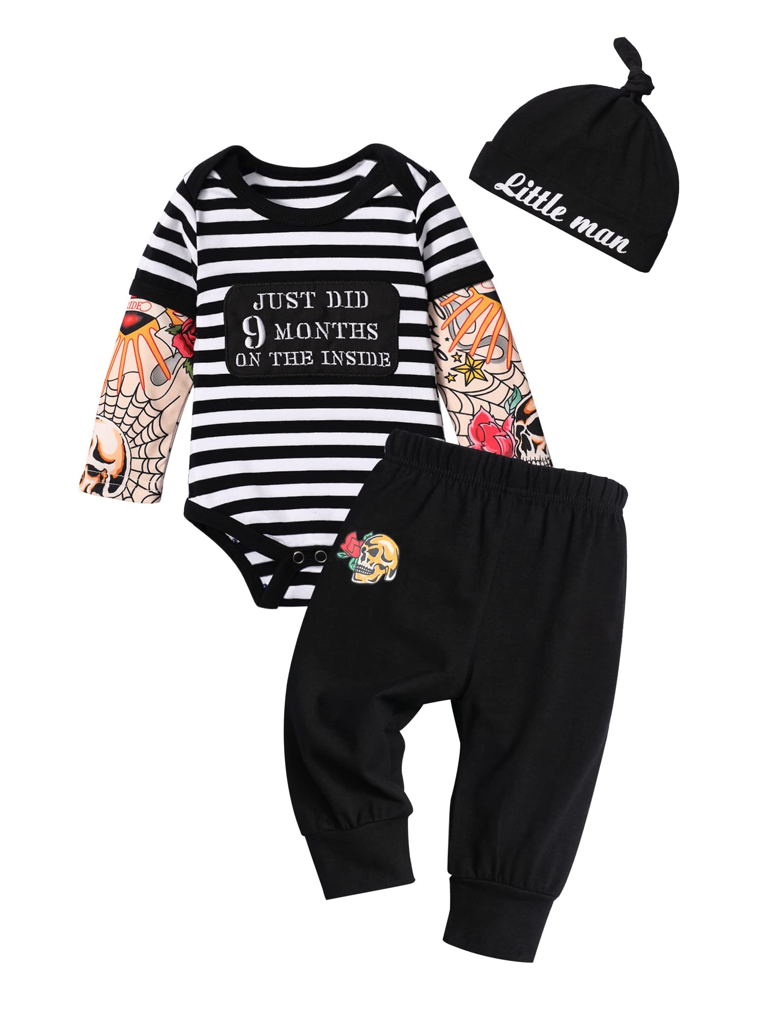 FommyBaby Boy Clothes Tattoo Sleeve Funny Romper Bodysuit+Pants 3PCS Infant Outfits Set