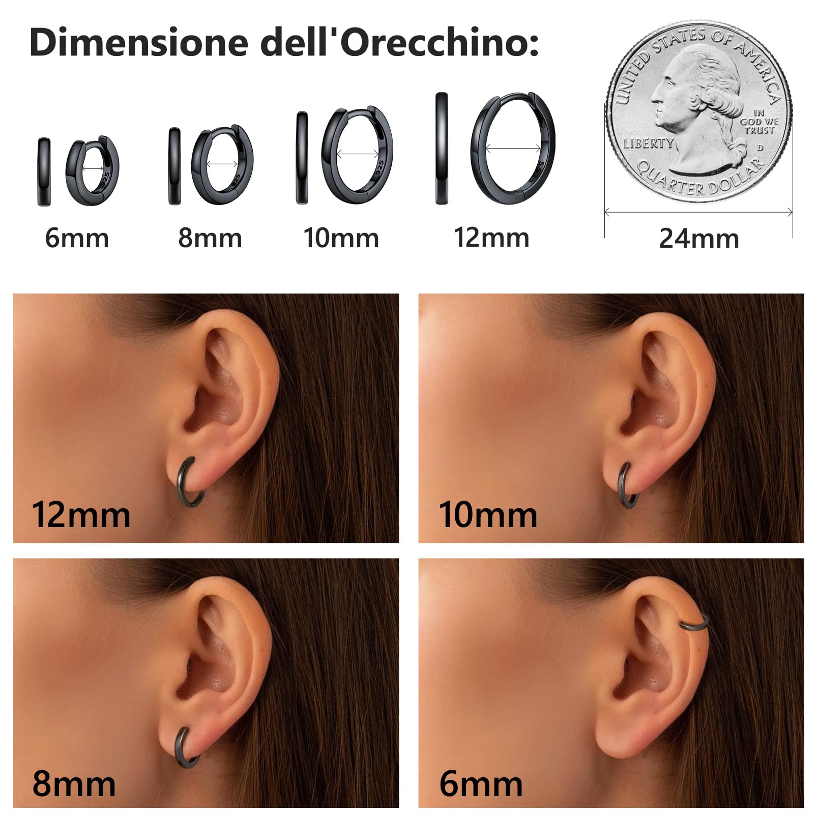 Silvora Orecchini Uomo Cerchio Argento 925, Orecchini Donna Argento Nero Oro Rosa, 6-20mm Orecchino a Cerchio Piccoli