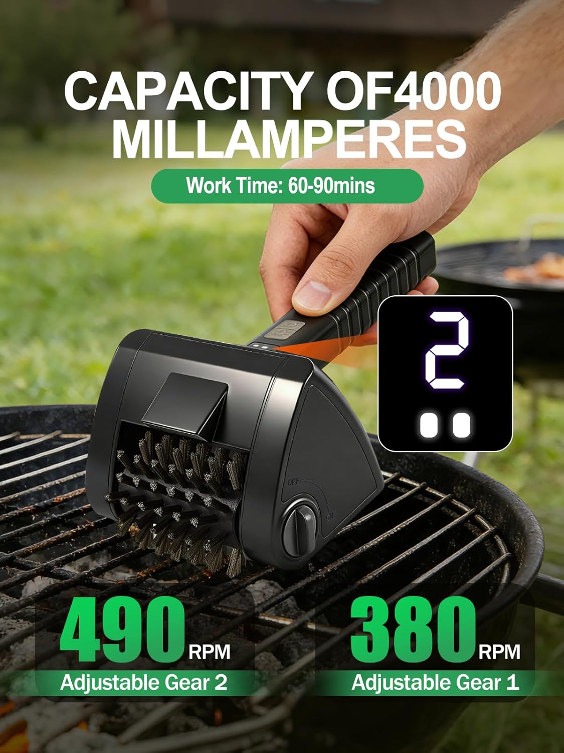 Electric Rotary Grill Brush for Outdoor Grill - Two Speed Automatic Cleaner with 304 Removable Stainless Steel Head, BBQ Grate & Outdoor Cordless Rechargeable Grill Cleaning Tool for BBQ, Home