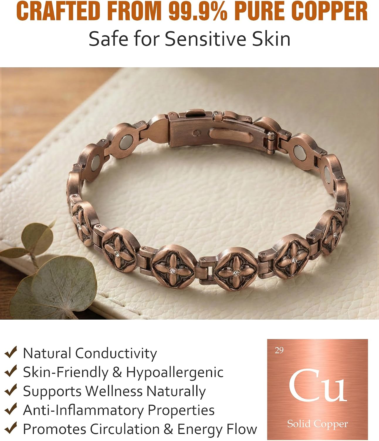 Jecanori Pure Copper Bracelet for Women,Copper Magnetic Bracelet With 3500 Gauss Magnets, Adjustable Jewelry Gift with Sizing Tool