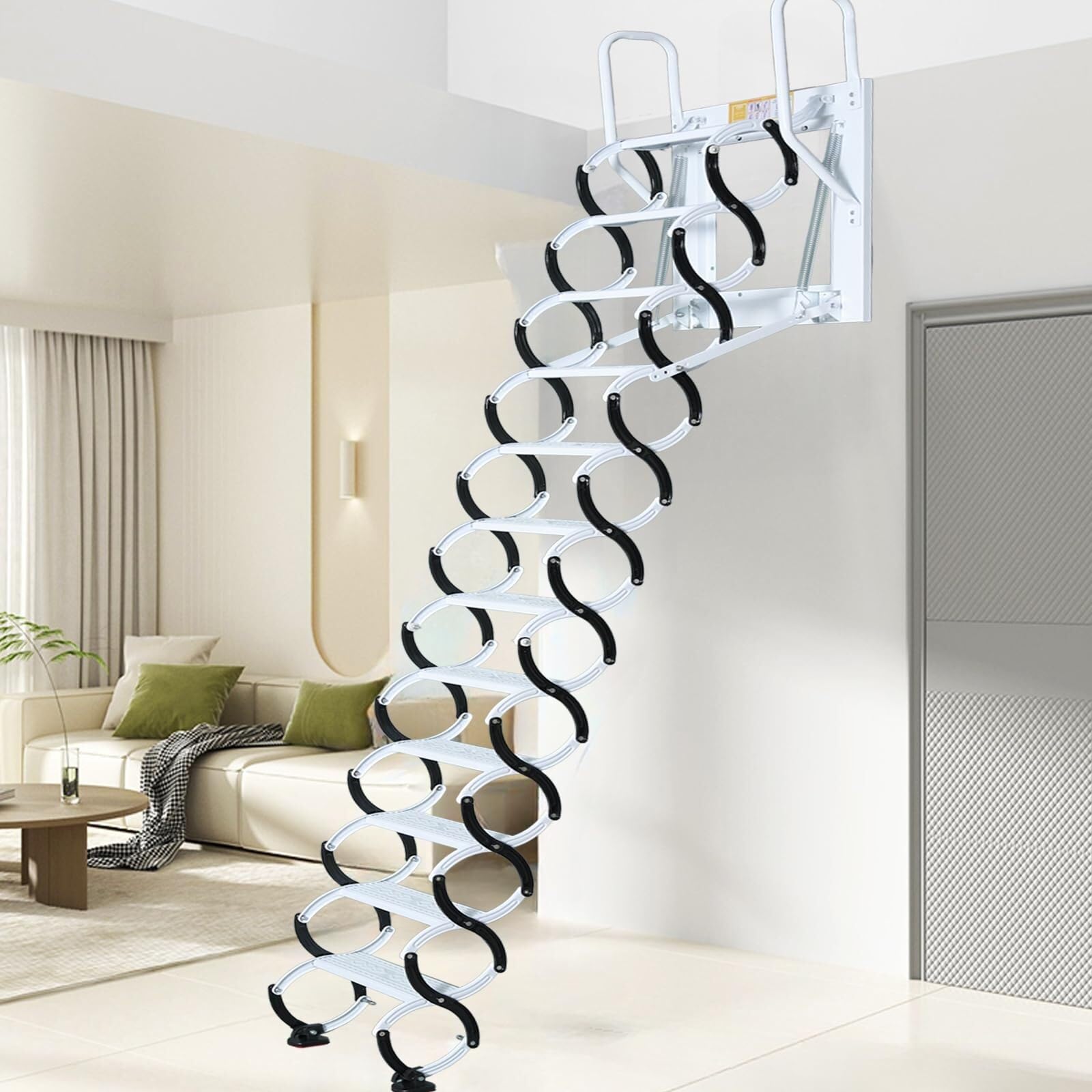 loft ladders Wall Mounted Folding Loft Ladder Retractable Pull Down Attic Stairs Anti-Slip Tread for Garages Basements pull down(1.2-1.99m)
