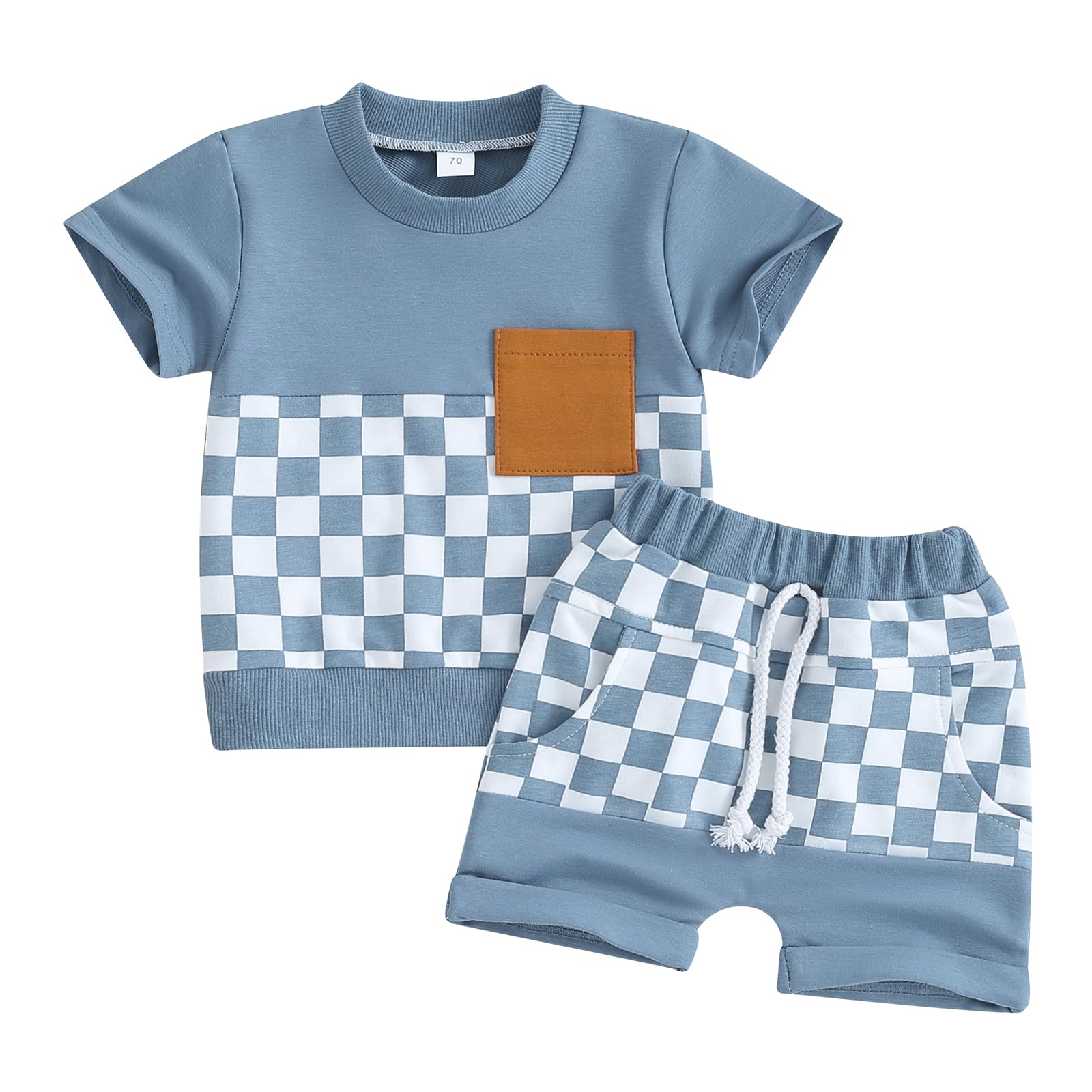 Newborn Baby Girl Boy Summer Clothes Checkered Plaid Short Sleeve T-Shirt Tops Shorts Set Color Block Outfit (Blue Plaid Outfit, 2-3 Years)