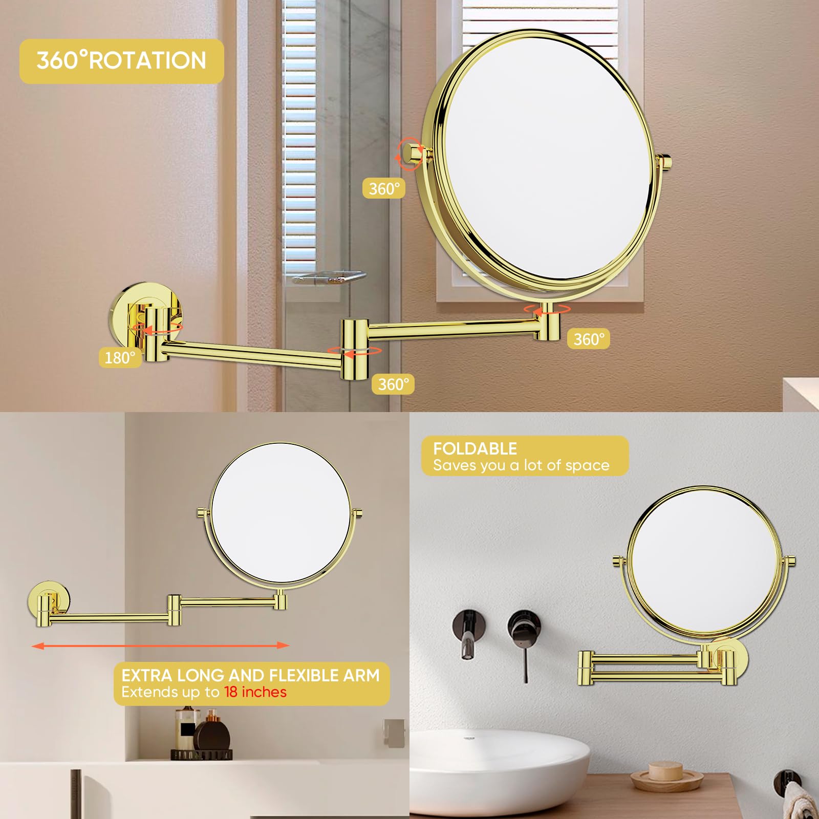 Nicesail Specchio Ingranditore da Parete 10x Specchio Trucco Oro Brillante Specchio Estensibile da Bagno Specchio da Barba Uomo con Braccio Flessibile,Diametro 20 cm