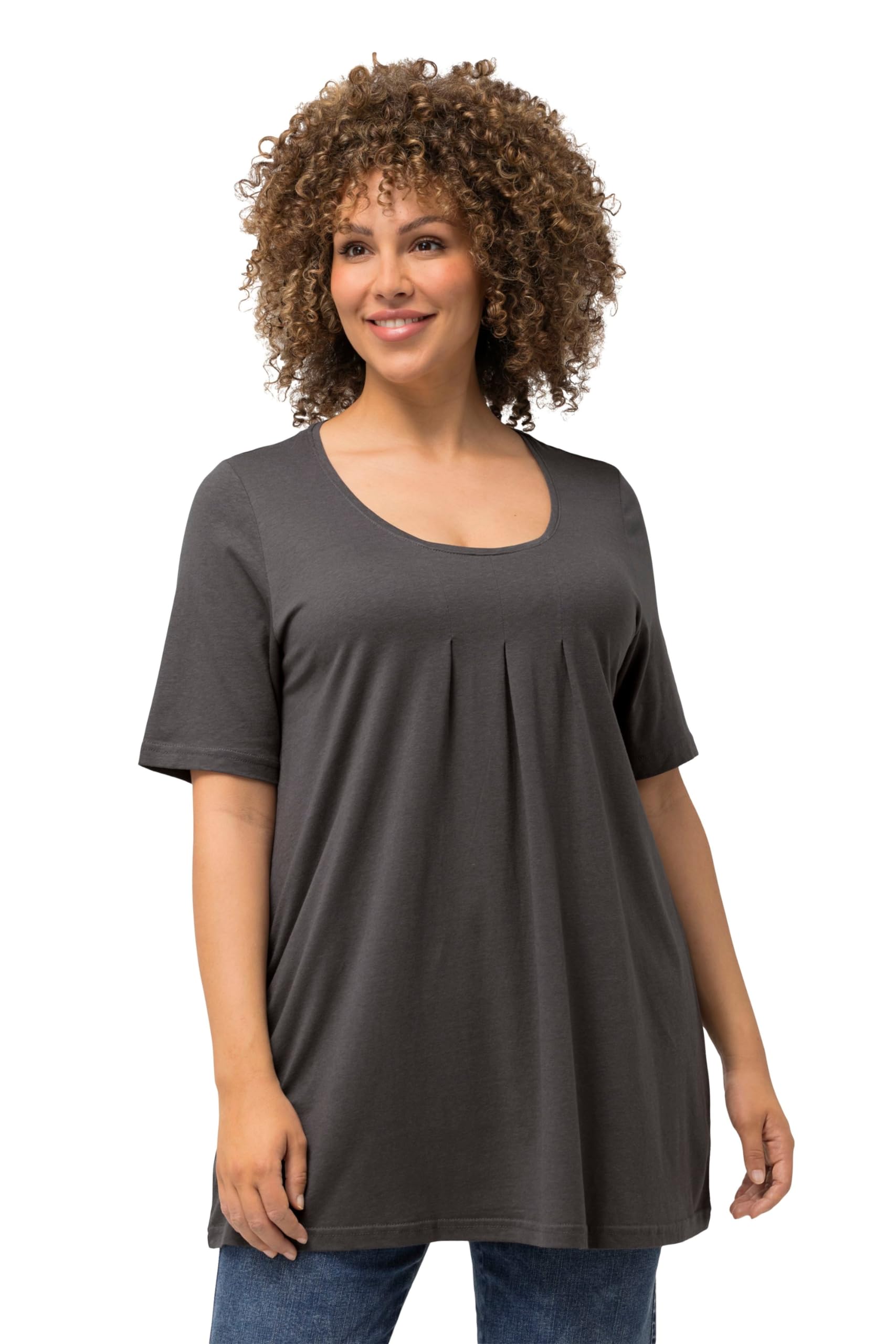 Ulla Popken Women's Graphite Grey T-Shirt, Zierfalten, A-Linie, Rundhals, Halbarm, Modal T-Shirts,