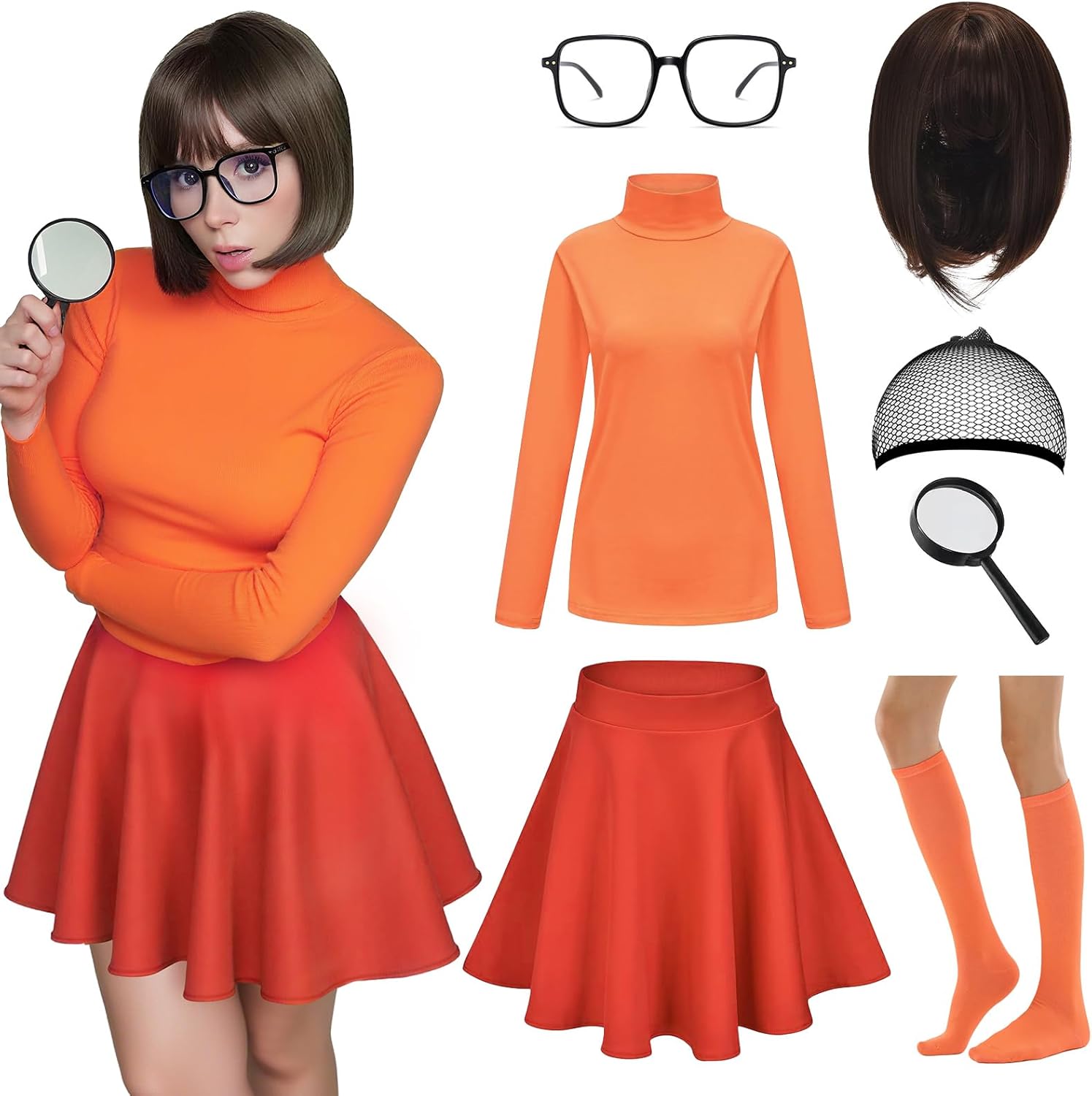 7PC Halloween Costume Set for Women, Brown Bob Wig, Red Skirt, Orange Top, Magnifying Glass, Socks, Glasses, Wig Cap