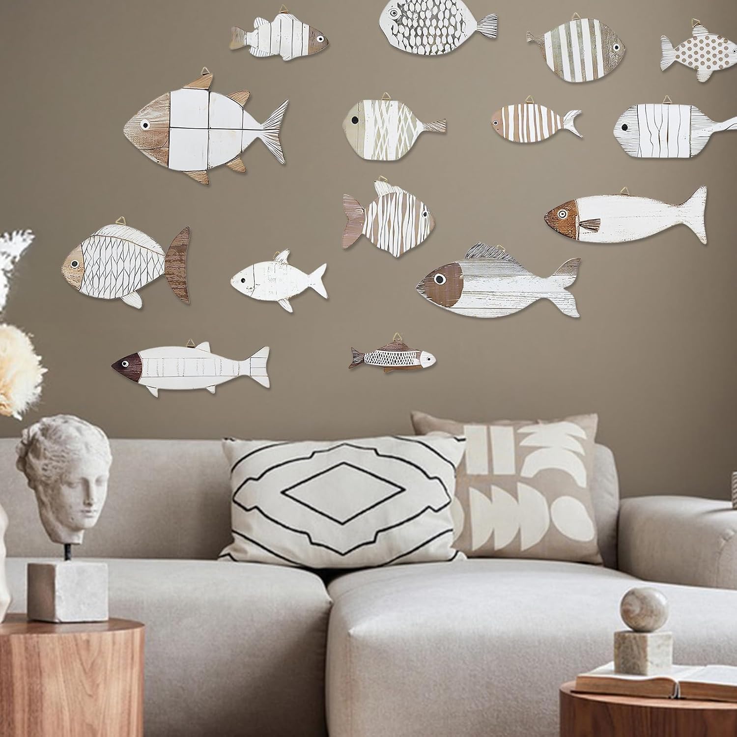 15 Pcs Wooden Fish Wall Decor Beach Nautical Coastal Theme Fish Wall Sculpture Lake House Ocean Decor Vintage Ornaments for Home Bathroom Bedroom