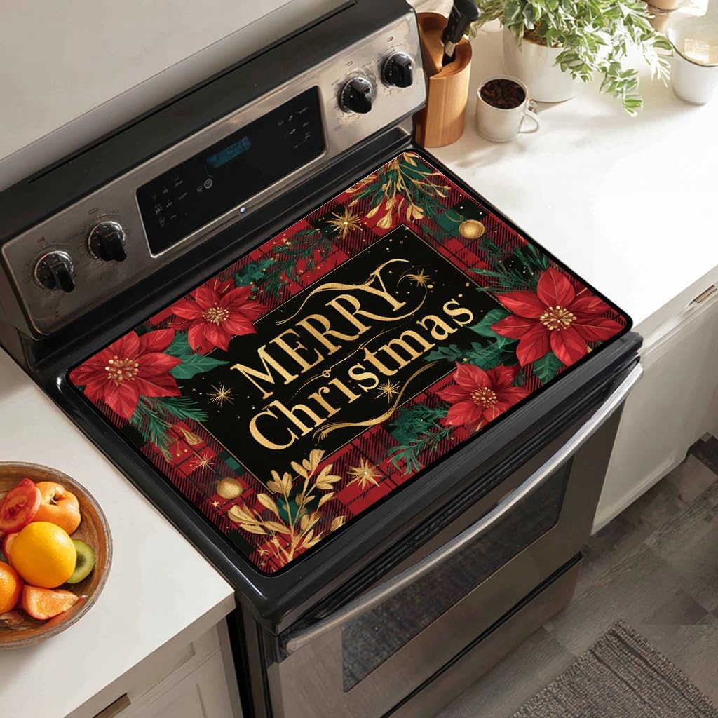 Christmas Poinsettia Glass Stove Top Cover Protector – Merry Christmas Glass Cooktop Protector,Xmas Cooktop Mat for Ceramic Countertop Mats Electric Stove Cover Festive Decor