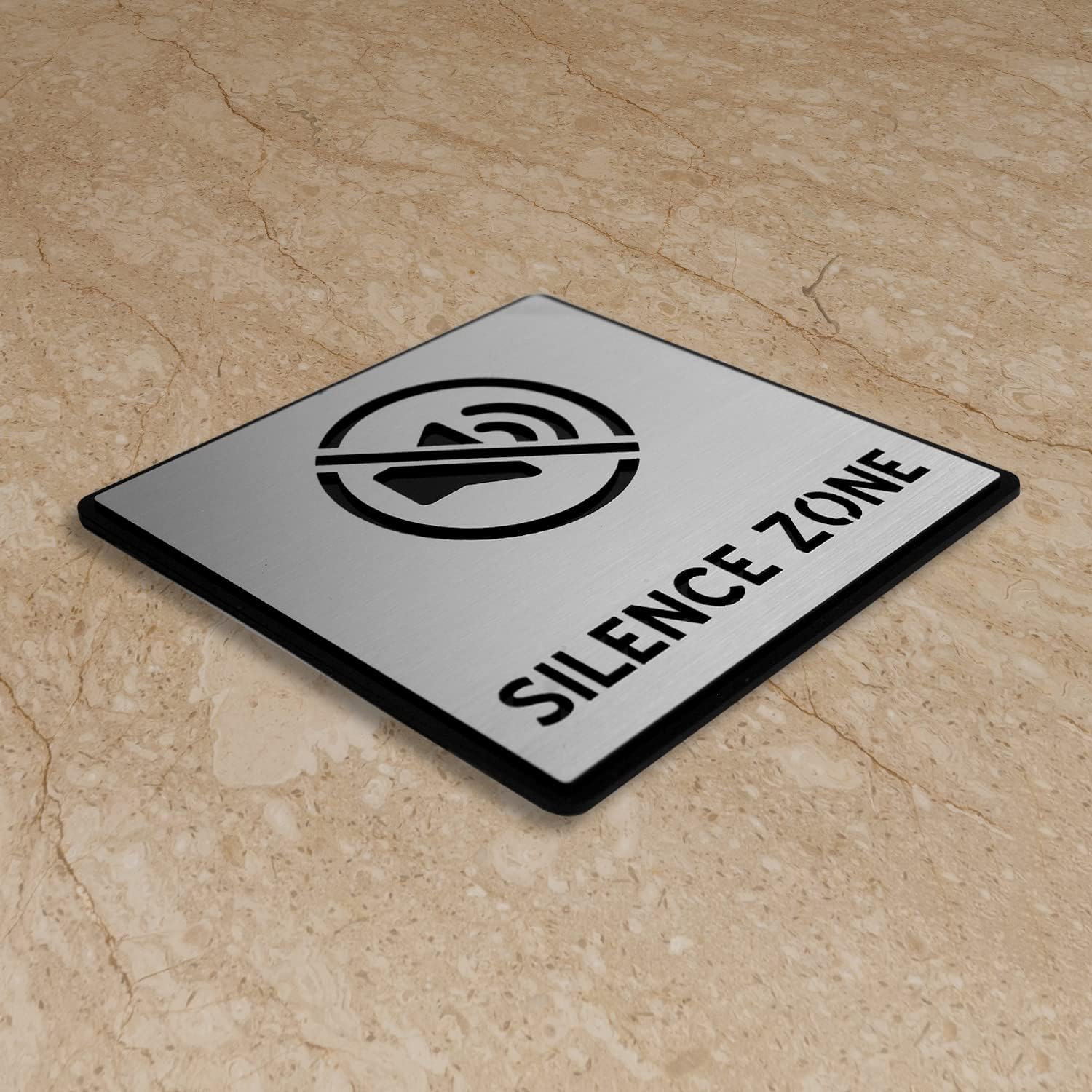 Premium Brush Finish Square Silver Acrylic Silence Zone Door Sign Easy to Mount 3M Self-Adhesive Tape 5.8 Inch Signage for Office Corporate Hospital Business