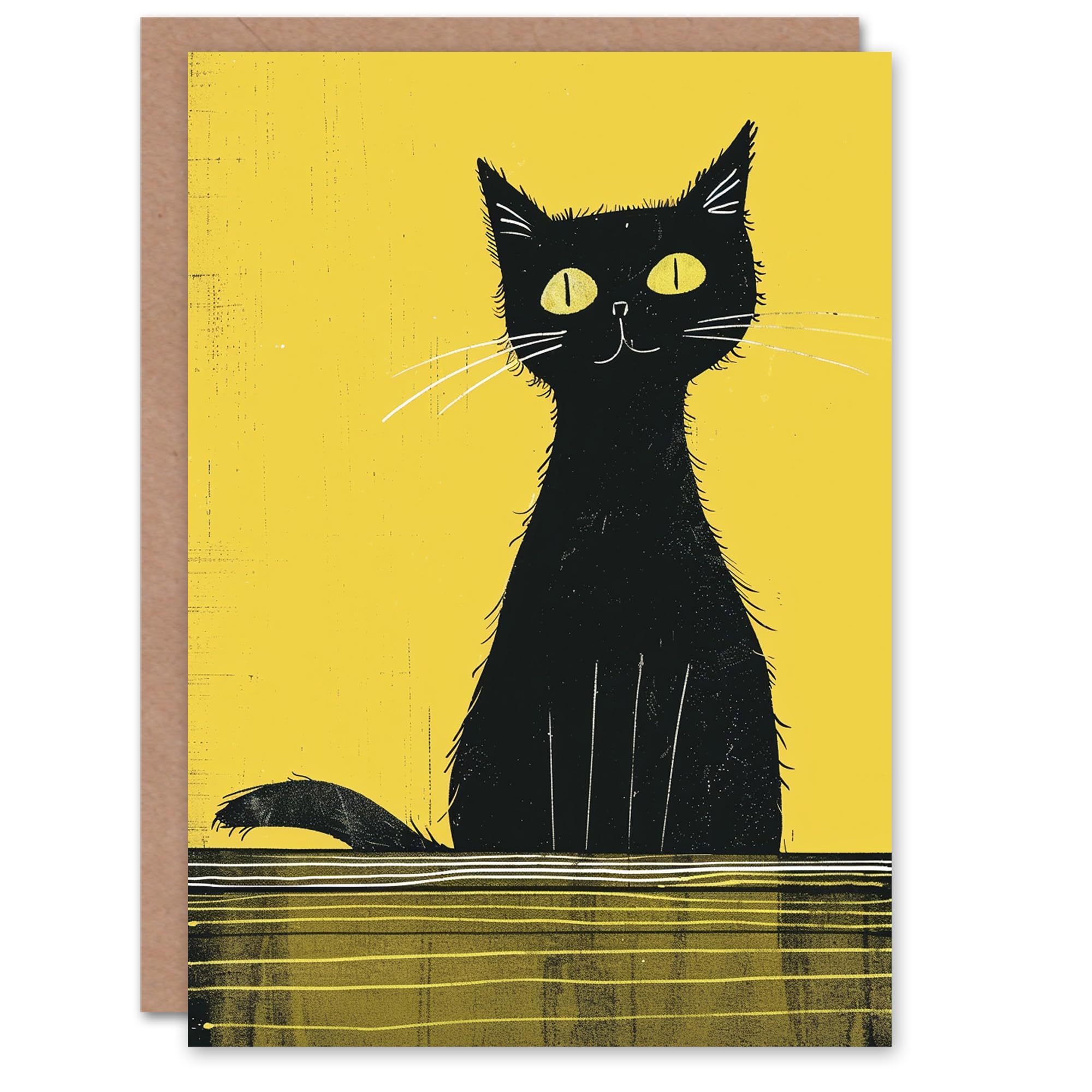 Artery8 Birthday Card Black Cat Lover Quirky Animal Happy Yellow Blank Arty Art All Occasion Greeting Card