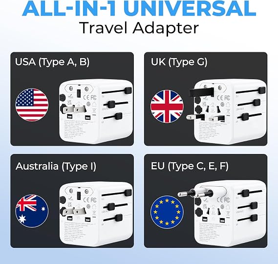Double Dragon Universal Travel Adapter, Worldwide Plug Adapter for 190+ Countries with UK, EU, US & AUS Type G/C/A/I Plugs, 2 AC Outlets, 2 USB-C & 2 USB-A Ports, 17W USB Charger, 2500W Fuse Protected