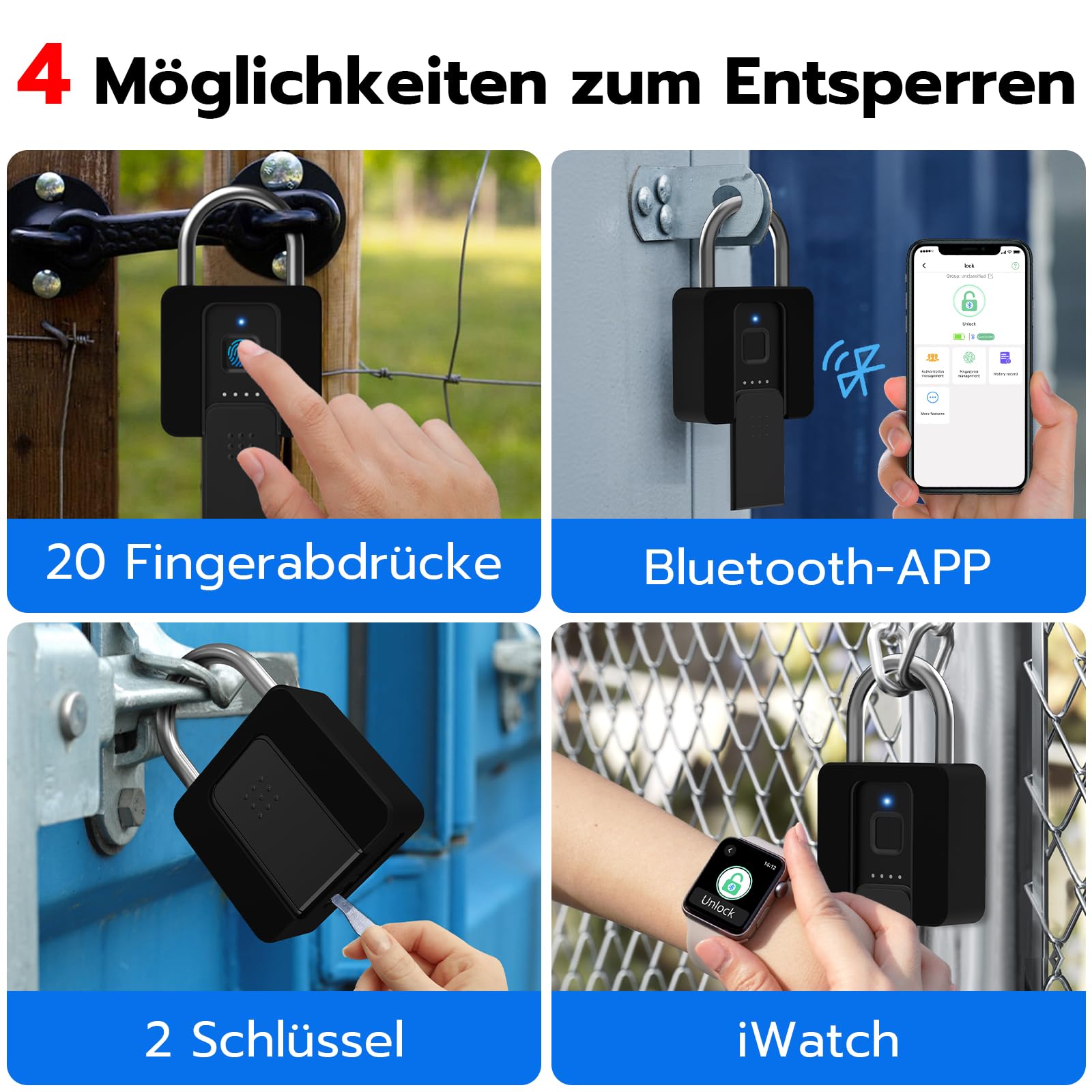 Candado de huellas dactilares, Eseesmart Gran Smart Lock, Candado Biométrico Bluetooth con llave, Candado Impermeable con Carcasa de Goma Gimnasio, Armarios, Oficina