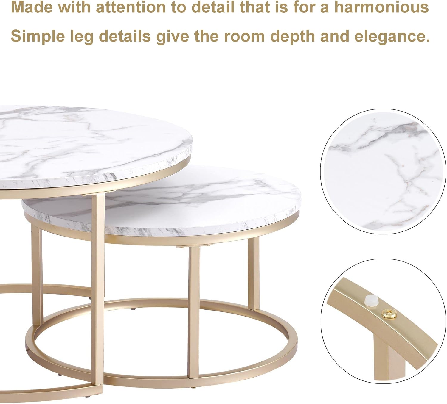 Yusong Round Coffee Tables Set of 2, Nesting Tables Living Modern Room Center Table with Faux White Marble Pattern Wood Tabletop and Gold Metal Frame for Bedroom Balcony Yard