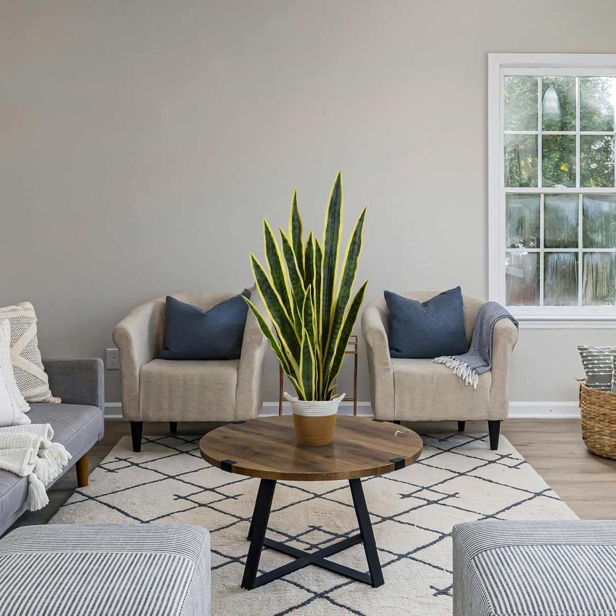 Artificial Snake Plant, 3ft Fake Sansevieria with Basket, 35" Fake Mother in Law Plants, Perfect Faux Potted Plant Greenery for Indoor Home Office Store Lifelike Decoration (Yellow)