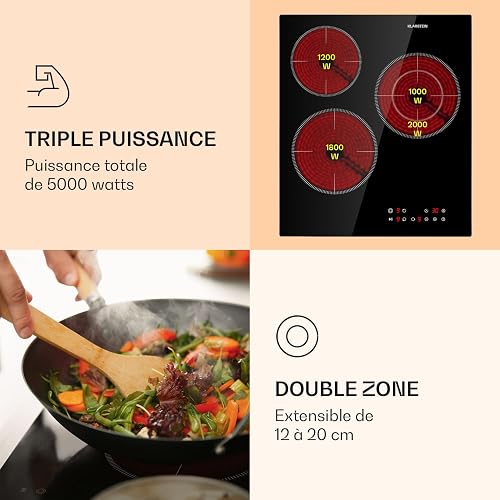 Klarstein Virtuosa 3 Slim Glass-Ceramic Cooktop - 3 Cooking Zones with max. 5000 W Power, 9 Levels, Timer, Overheating Protection, Child Lock, Touch Control Panel - 3