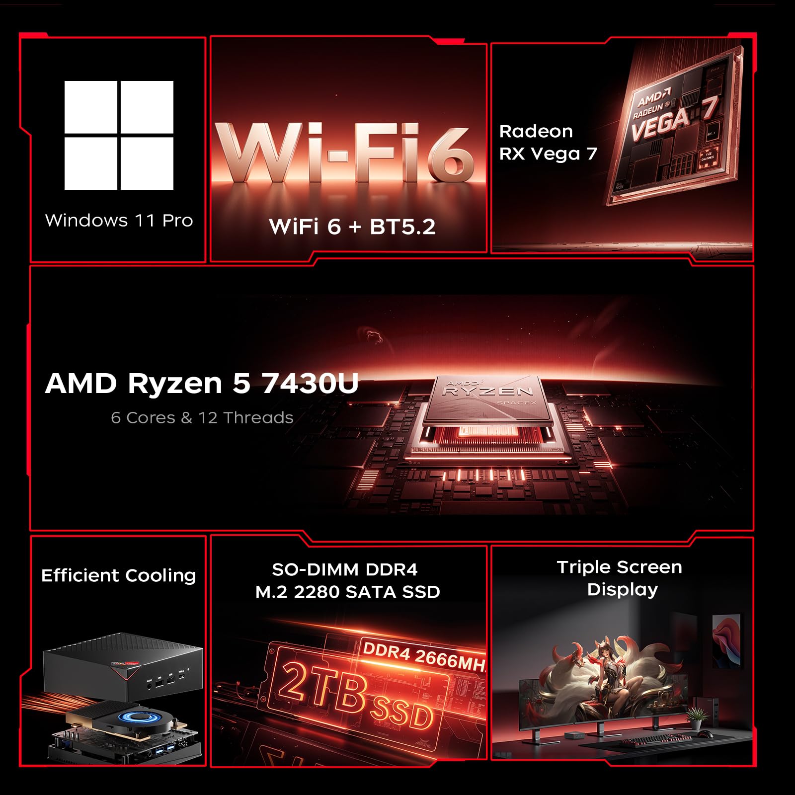 ACEMAGICIAN AM06 Pro Mini PC, AMD Ryzen 5 7430U (6C/12T, jusqu'à 4,3 GHz), Mini Ordinateur 16Go DDR4 RAM 512Go (Ryzen 5 7430U, GB, 16, GB, 512)