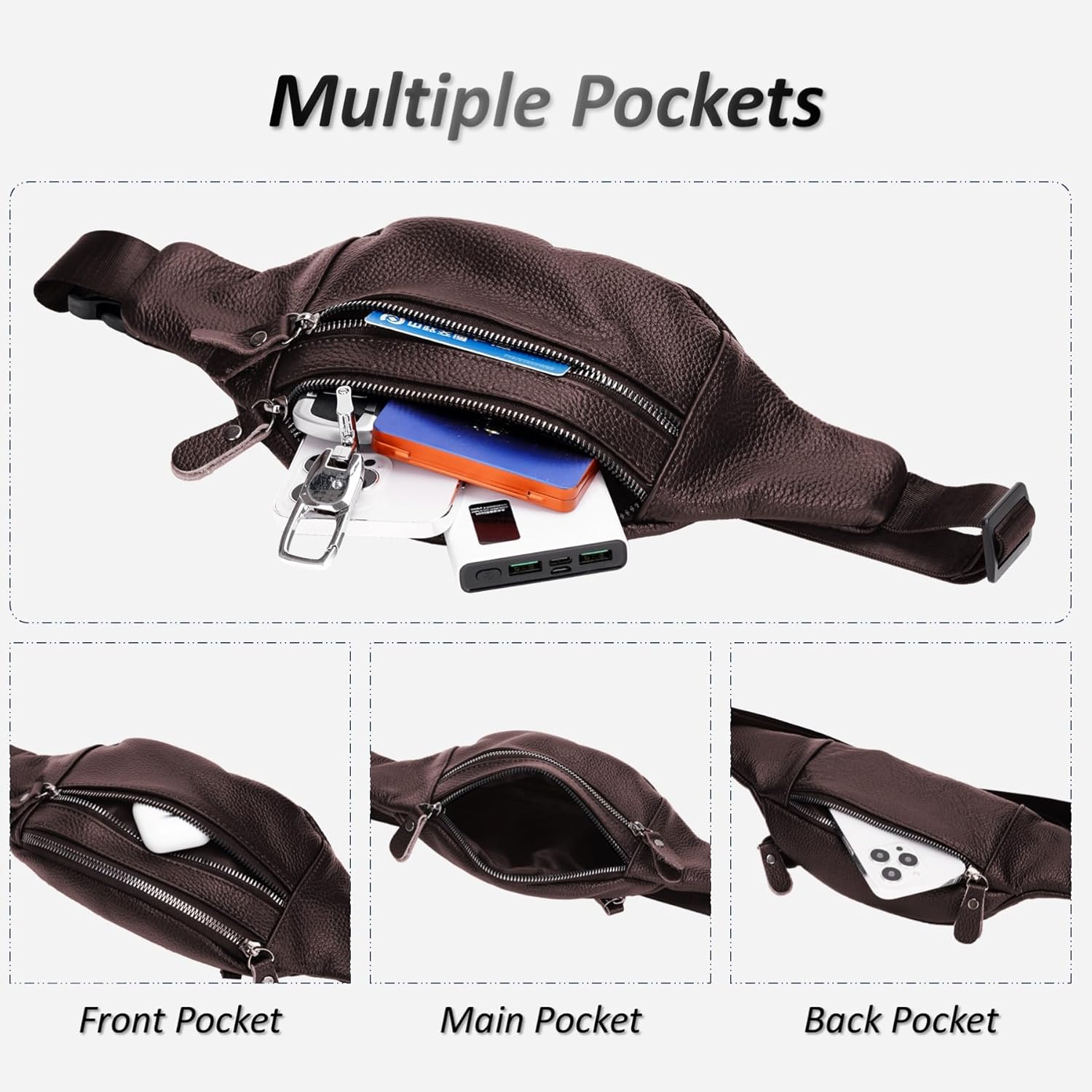 Genuine Leather Waist Bag, Outdoor Travel Waist Pack, Cowhide Leather Fanny Pack with Adjustable Strap, Suitable for Travelling, Outdoor Hiking, Cycling, Running - Brown & Small - Image 4