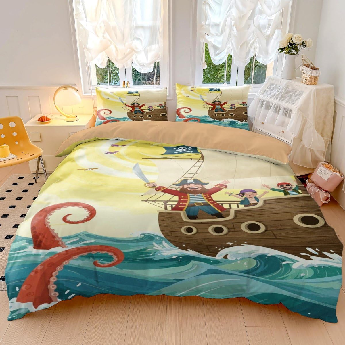 Tier-Piratenschiff-Bettwäsche, sonniges Meer, Abenteuer, Cartoon-Bettbezug, weiche Mikrofaser, Bettbezug für Kinder, Jungen, Mädchen, Schlafzimmer, Dekoration (Stil 3, Einzelbett 135 x 200 cm + 65 x