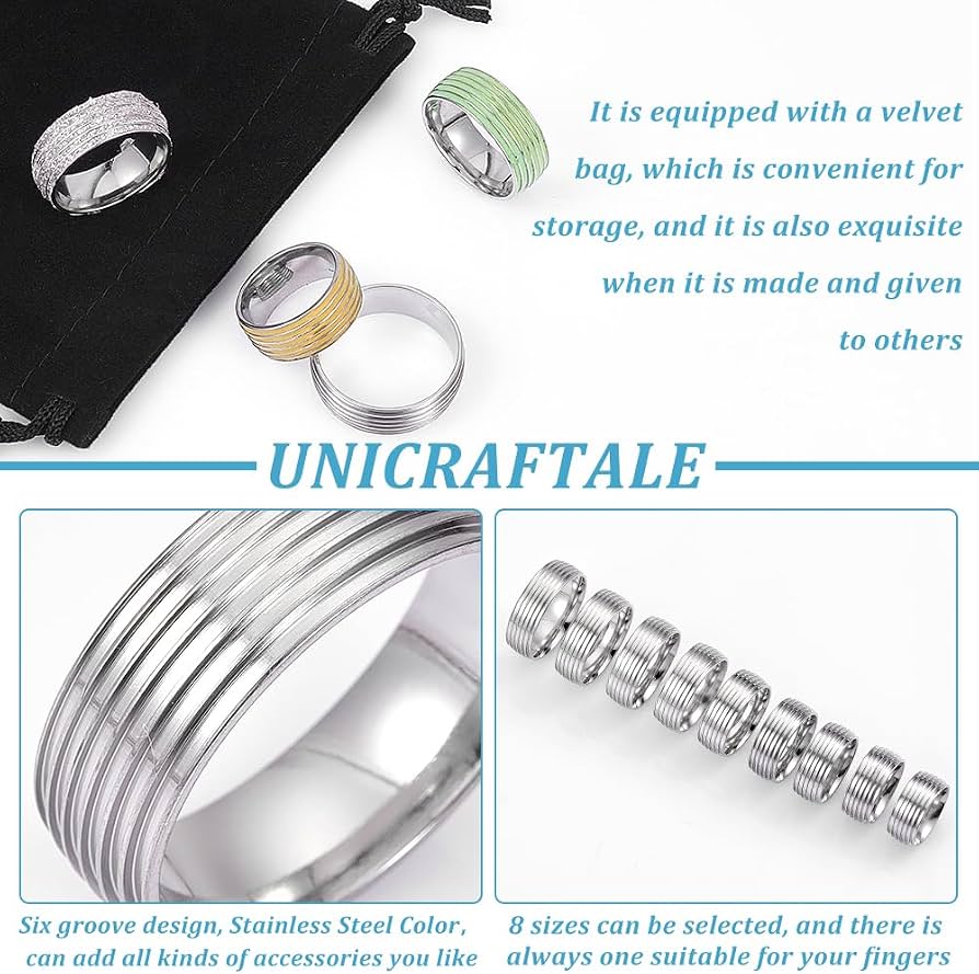 UNICRAFTALE 21 pz 7 Misure Doppio Nucleo Anelli A Barretta Anello Scanalato in Acciaio Inossidabile per Intarsio Anelli Vuoti Rotondi con Sacchetti di Velluto per Fare Gioielli Regalo