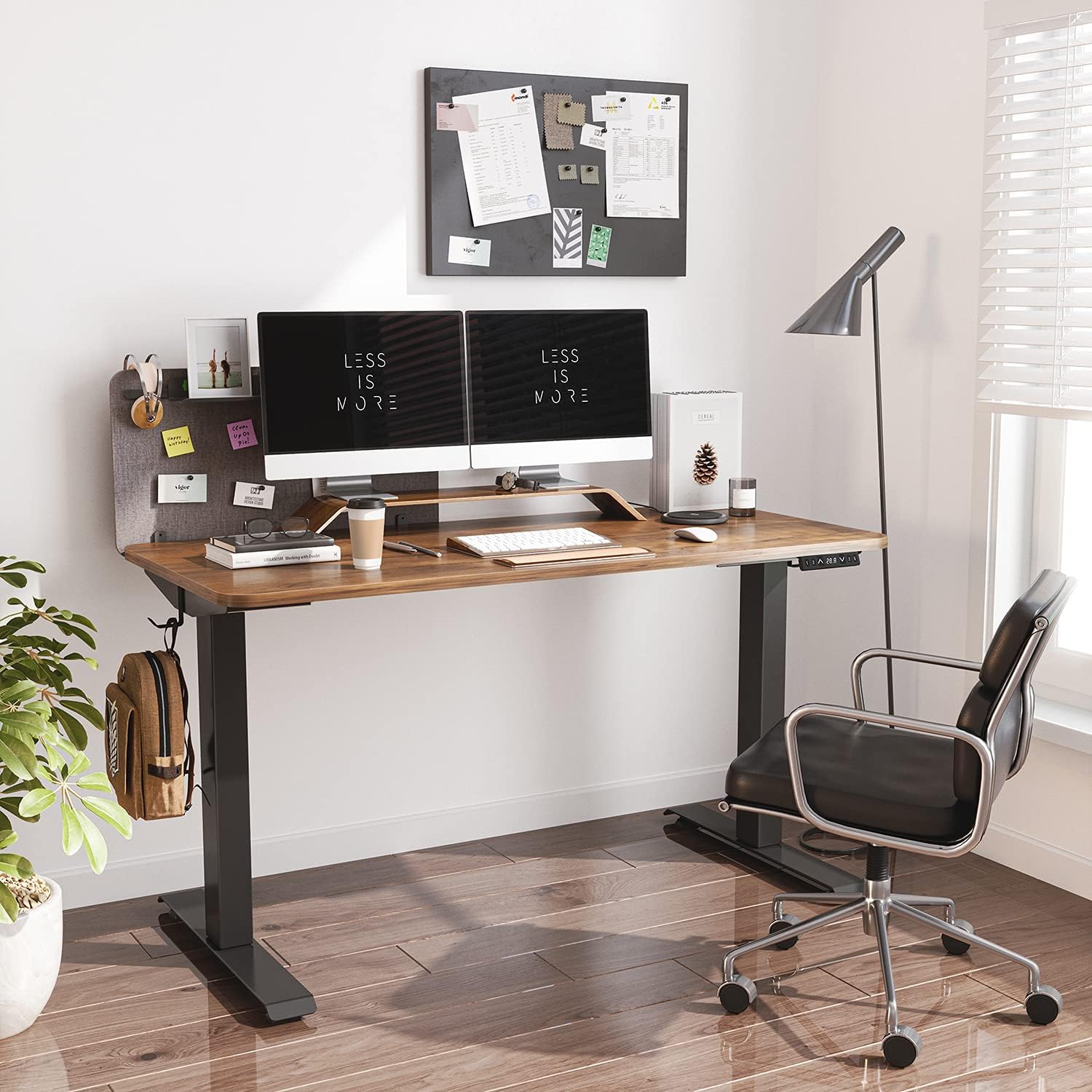 FAMISKY Dual Motor Adjustable Height Standing Desk, Electric Sit Stand Desk with Screen Panel, 55 x 24 Inches Stand up Desk, Home Office Desk with Walnut Top and Black Frame : Home & Kitchen