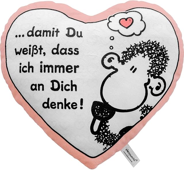 Sheepworld 42693 pluszowa poduszka w kształcie serca" damit Du weißt, dass ich immer an dich denke!", 30 cm x 27 cm, artykuł na prezent
