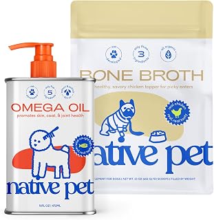 Native Pet Chicken Bone Broth Powder for Dogs (23 Oz.) & Omega 3 Fish Oil for Dogs (16 Oz.) - Promotes Healthy Skin, Shiny Coat, & Strong Joints & Pet Gravy Food Topper for Picky Eaters