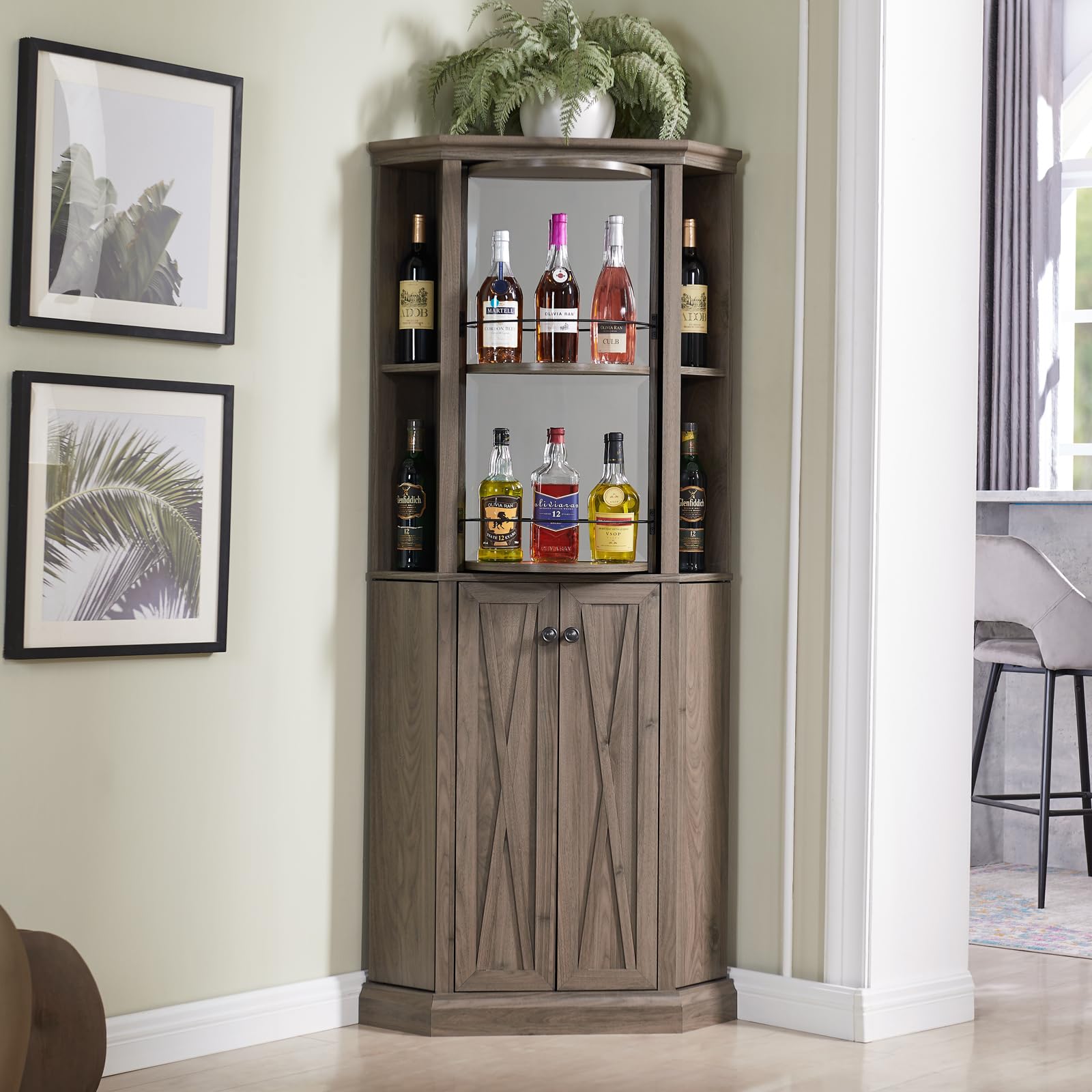 Home Source 68.5" Tall Corner Bar Cabinet with Wine Rack, Glass Liquor Shelf, Kitchen Storage Cabinet with Doors Ideal for Dining Room, Farmhouse, Walnut Grey