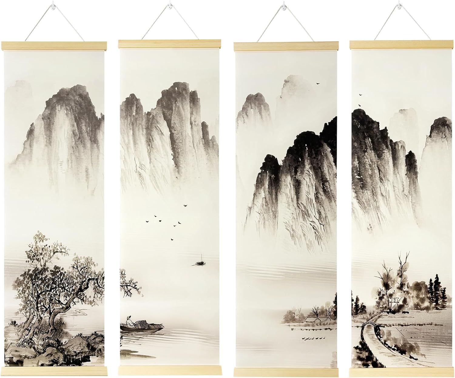 TaraZen Landscape Wall Painting Set of 4 - Chinese Ink Mountain River Scroll, Vertical Asian Wall Art Decor with Wood Frame for Living Room, Bedroom & Office