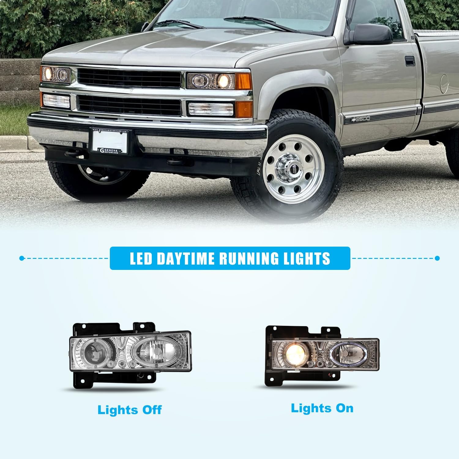 CPW Headlights Fit for Chevy C1500 C2500 C3500 K1500 K2500 K3500 1988-1999 Chevy Suburban 1500/2500 1992-1999 Chevy Blazer 1992-1994 and Chevy Tahoe 1995-2000 Chrome/Clear