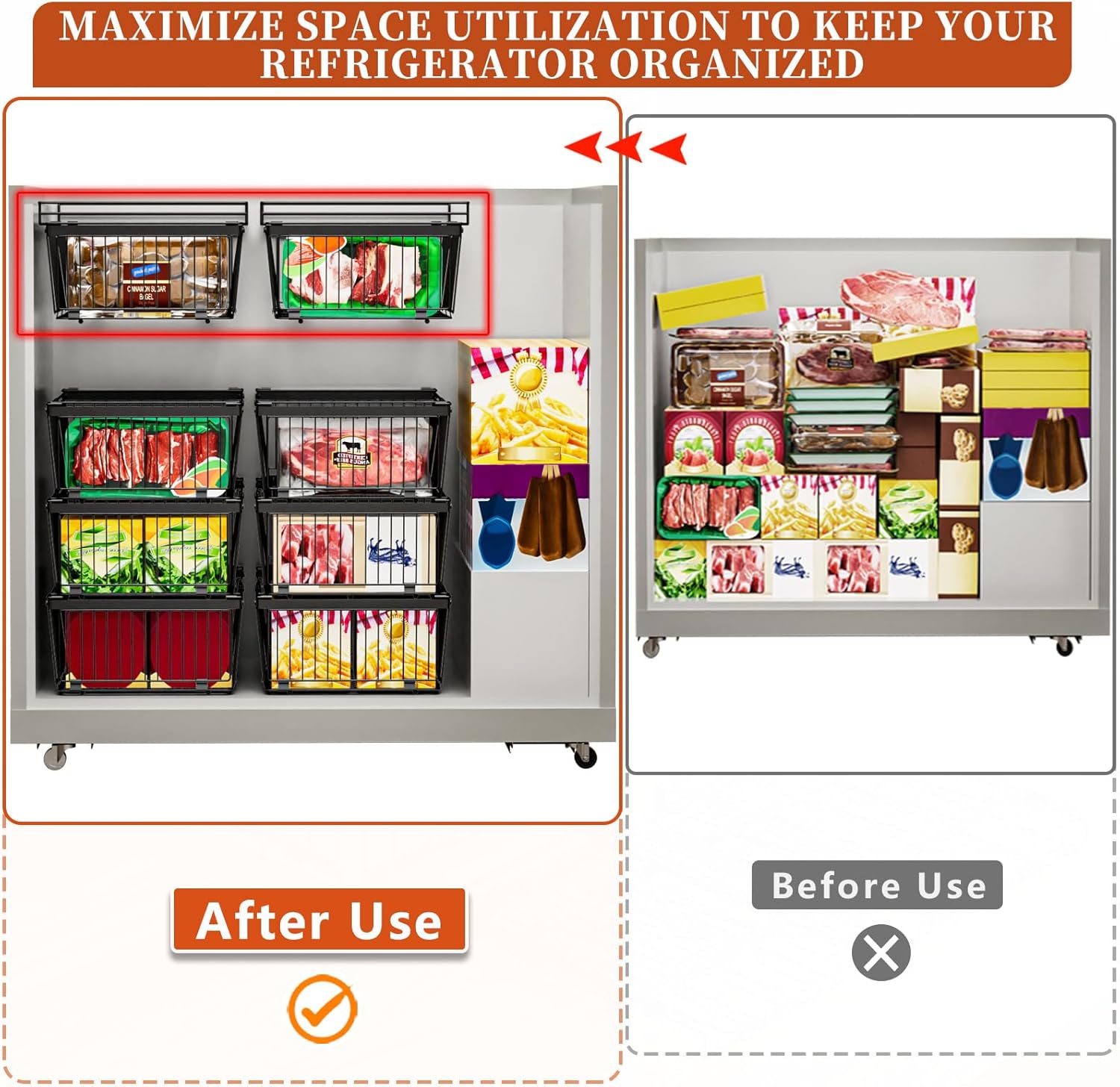 Large Freezer Organizer Bins，Upgraded Bottom Leak-Proof net，Fit 10 to 20 Cu.Ft Deep Freezer，4 Pack， Expandable/Hanging/Stackable Chest Freezer Organizer Bins , for Deep Freezer, pantry organizers