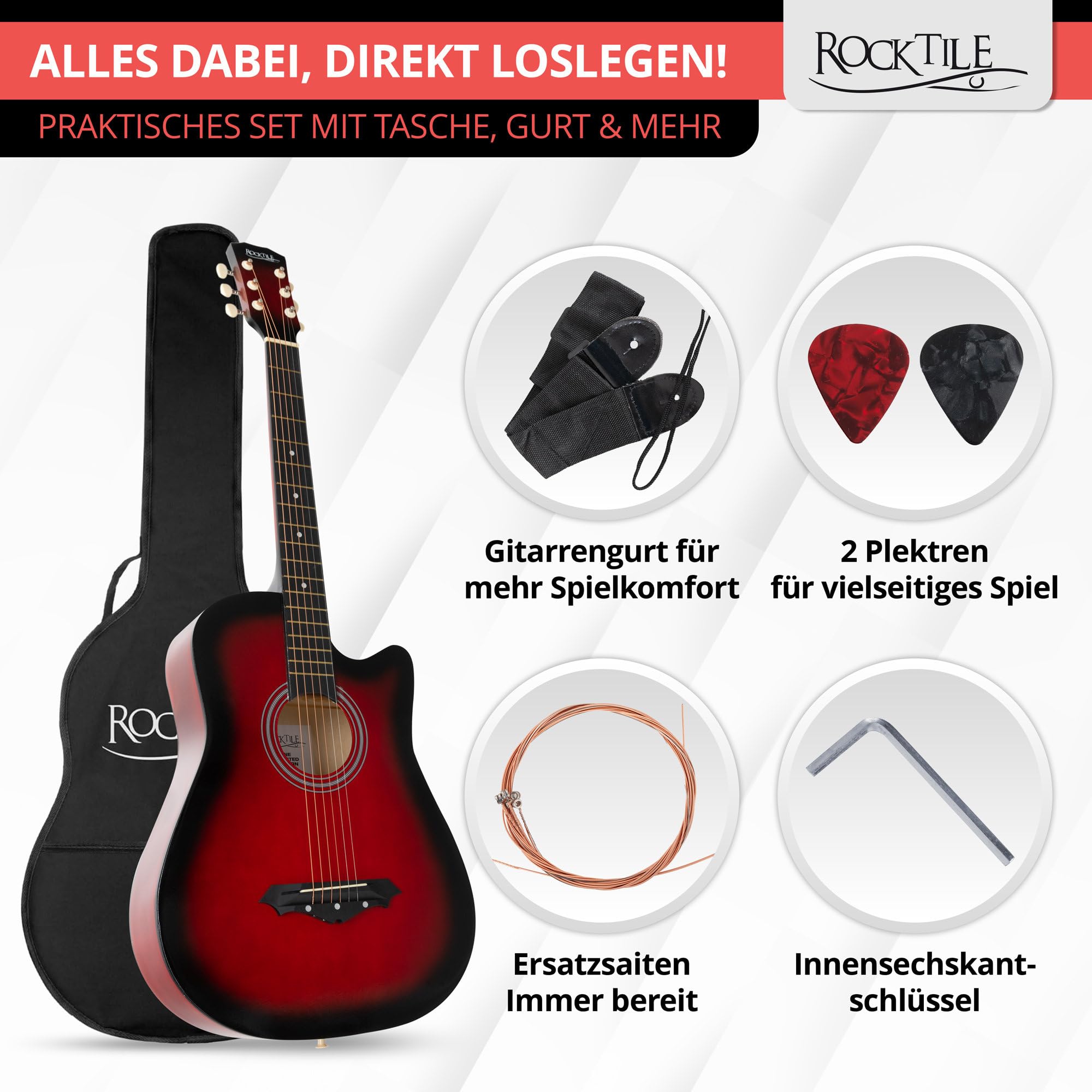 Rocktile WSD-5C-RDB Slim Line zestaw gitar westernowych, gitara akustyczna Dreadnought - gitara westernowa z korpusem z lipy - szyja: Catalpa - zestaw z torbą, strunami zapasowymi, paskiem i kostkami