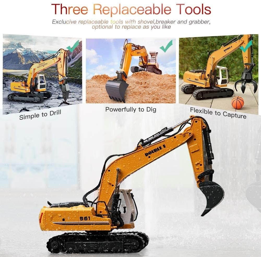 s-idee® E561-003 1/16 Rc Pelle + 3 pièces jointes 15 canaux Excavatrice 1:16 avec 2,4 GHz télécommandée avec Batterie et Chargeur