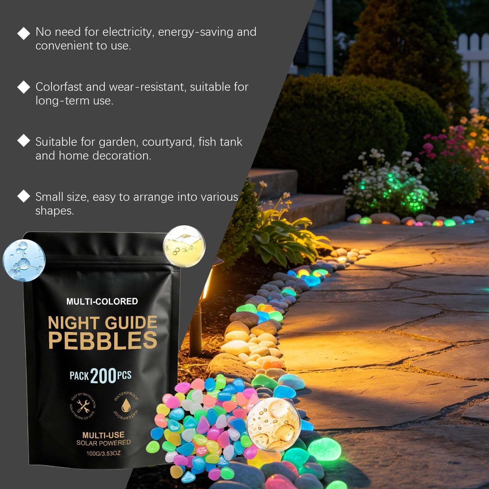 Juego de 200 piedras fosforescentes para exteriores, guijarros luminosos para jardín, caminos, caminos, terrazas, paisajismo, acuario, vacaciones y fiestas