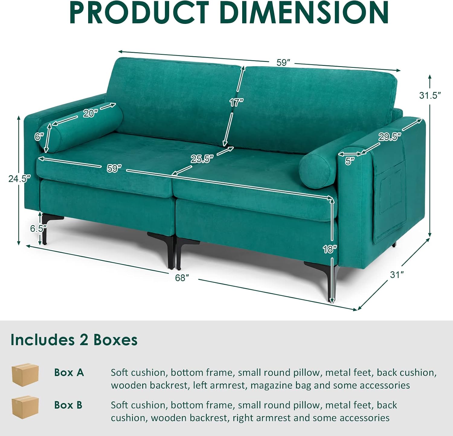 KOMFOTT Loveseat Sofa, Upholstered Living Room Modern Love Seats with 2 Bolster Pillows, Armrest Magazine Pocket, Heavy Duty 2-Seat Sofa Couch for Apartment, Office, Reception Room