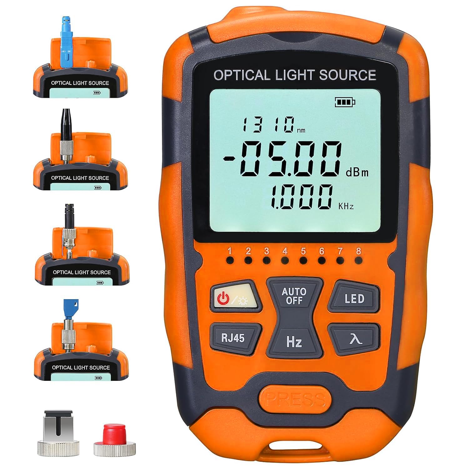 Fiber Optical Light Source - Single Mode Dual Wavelength 1310nm/1550nm, SC/FC/ST 2.5mm Universal Interface with SC/FC Adapter, Fiber Optic Cable Tester