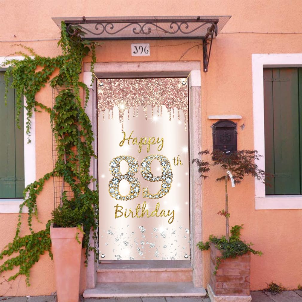 89. urodziny dekoracja damska, Happy 89th Birthday Door Banner różowe złoto, 89. urodziny tkanina tabliczka plakat dekoracja drzwi, 89. urodziny tło baner damski, przyjęcie urodzinowe tabliczka