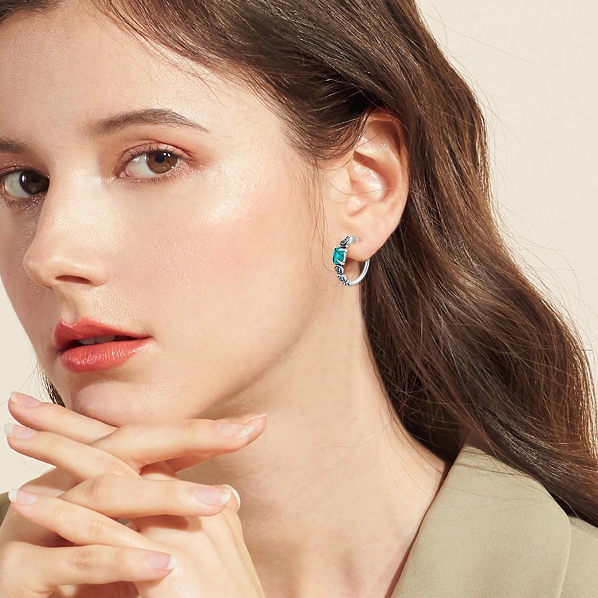 Sunflower/Rose/Feather/Cross/Butterfly Turquoise Hoop Earrings 925 Sterling Silver Vintage Green Turquoise Hoop Earrings for Women Gifts - Image 2